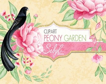 60% OFF SALE Watercolor Floral Clipart, Watercolor Peonies Clipart, Pink Peonies, Greenery Pattern, Peony with Jackson's widowbird, DIY