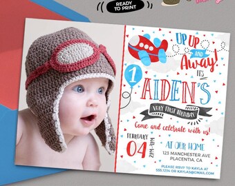 Airplane Birthday invitation Airplane Birthday Party Photo invitation Airplane airport Watercolors birthday invitations pilot