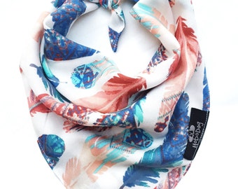 Bohemian Watercolor Feathers Organic Dog Bandana, Boho Dog Bandana,Tie On Dog Bandana