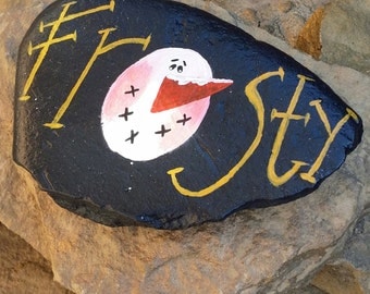 hand painted rock, painted stone, snowman, frosty, home decor, christmas, winter