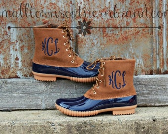 Monogrammed - Duck Boots - Navy/ Tan