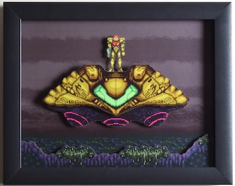 Super Metroid Shadow Box SNES - "The Gunship" 3D Art with Glass Frame