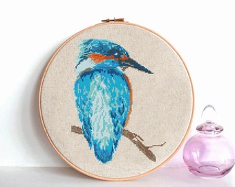 Kingfisher bird cross stitch pattern, Modern cross stitch pattern, Watercolor kingfisher counted cross stitch chart, Watercolor bird, nature