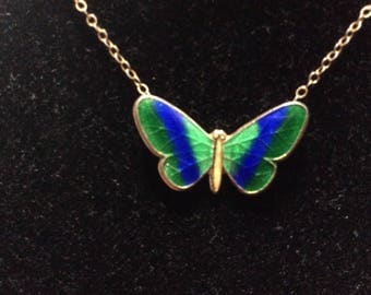 Enamel Butterfly Necklace Gold Filled Child's Length Blue Green