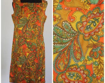 Vintage 1960s Paisley Shift Dress - 60s Psychedelic Mod Sundress - Size Medium, Large, M, L