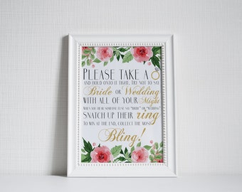 Don't Say Bride or Wedding Floral Pink and Gold Bridal Shower Game - Please Take A Ring - Bachelorette Game - Guessing Game - 0002-G