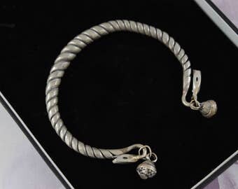 Vintage Tribal Bangle, Silver Tone Twist Bangle, Bell Charm Bracelet, Tribal Torque Bangle, Traditional Chinese Bangle