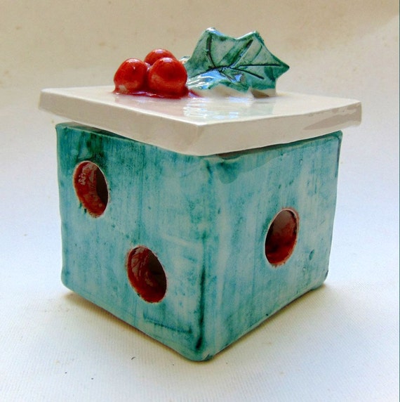 Ceramic Holiday Christmas Present Gift Box with three dimensional holly berries on top