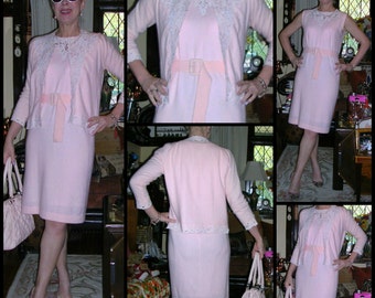 Vintage 1960's pink cashmere and satin floral cut-outs wiggle dress and matching cardigan size: medium with original belt (made in U.S.A.)