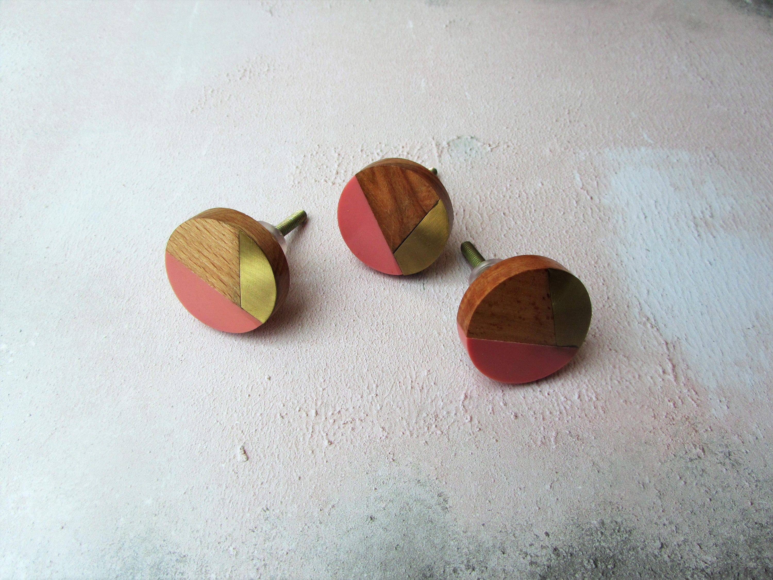 Mixed Media Knob Golden Brass Wood and Pink Resin Drawer Knob Pull