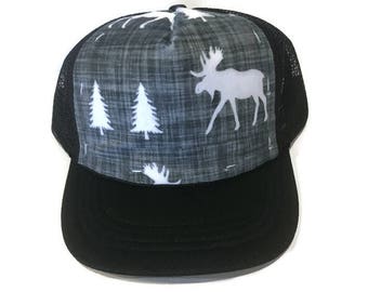 Moose Minky Trucker Hat, Adult-Child-Kids-Baby, Mountains Black Snapback