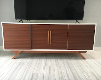 NEW Hand Built Mid Century Inspired Buffet / Credenza. Mahogany two tone four door with angled leg base.