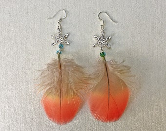 Parrot Feather Snowflake Earrings, Scarlet macaw