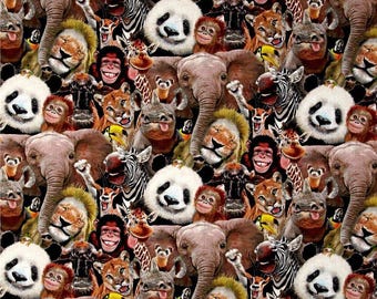 Animal Fabric, Zoo Fabric: Elizabeth's Studio Zoo Selfies Packed Animals - Cute Panda 100% cotton Fabric by the yard 36"x43" (E285)