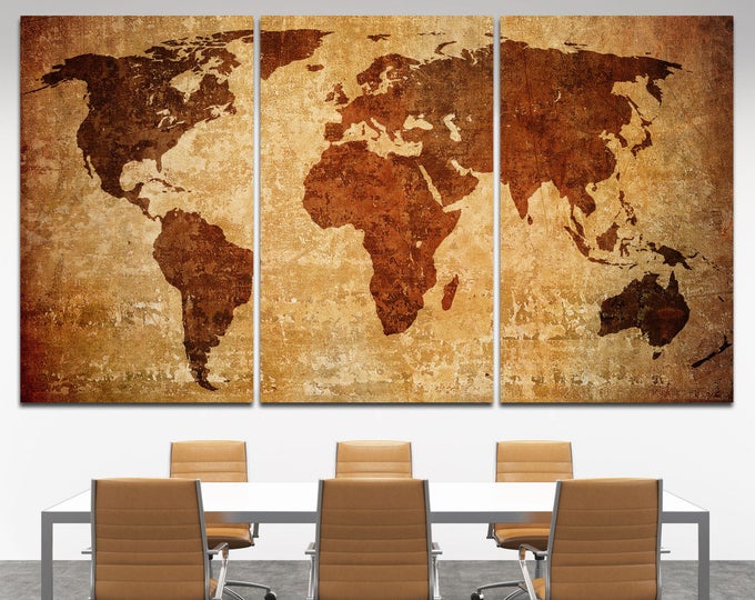 Large antiuque map wall print art canvas set, old world map wall decor canvas print, vintage map of the world home decor poster canvas art