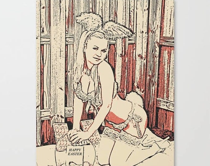 Sexy Art Canvas Print - Happy Easter bunny girl, naughty blonde girl in rabbit costume, kinky erotic sketch act, high quality artwork 300dpi