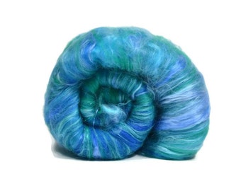 Carded Spinning Batt, Spinning Fiber, Merino, Silk, Angelina - Blue Green - 4 oz.