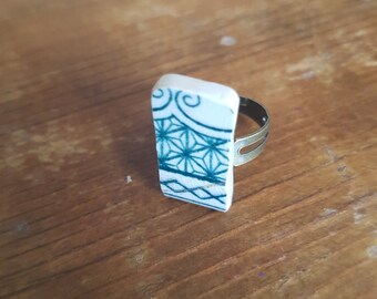 Broken china ring green pattern adjustable ring