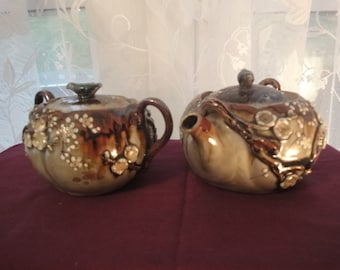 Russian Tea Pot & Sugar Bowl with bird on top in shades of brown
