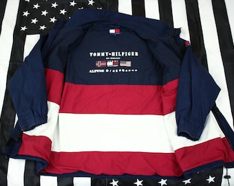Vintage 90s Tommy Hilfiger Alpine Flag Jacket Size L Spellout Norway USA Oversized Colorblocking