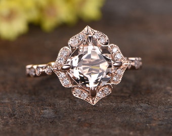7mm cushion cut morganite ring,Halo diamond wedding band 14k rose gold engagement ring,1.5ct pink natural gemstone,diamond matching band