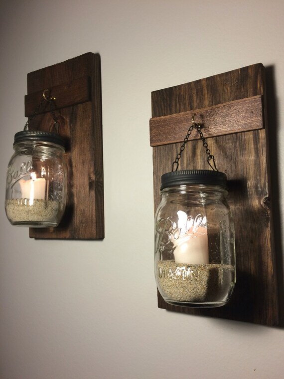 Set of 2 Hanging Mason Jars Rustic Home Decor by HeartWoodDecor