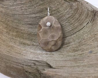 Petoskey stone pendant, sterling silver setting, rustic jewlery, natural stone jewelry, beach stone jewelry, fossil jewelry, Michigan Petosk