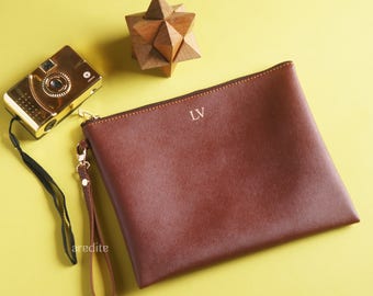 Personalized Gift Monogram Clutch Saffiano Poly Leather For Her - Travel Cosmetic Toiletry Make Up Pouch For Bestfriend Bridesmaids
