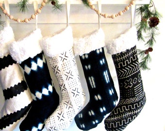 Mudcloth Christmas Stockings / African Mud Cloth Shearling Indigo Black White Striped Natural Dye Ornament Bogolanfini Holiday Decor Linen