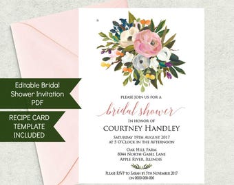 Printable Bridal Shower Invitation Template and Recipe Card Set, Instant Download, Floral theme WLP240