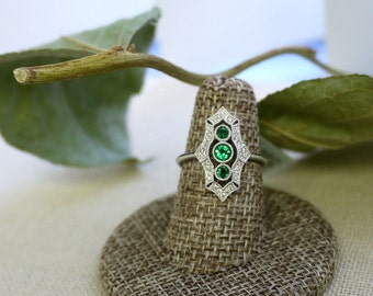 18K solid gold three emerald and diamond art deco ring