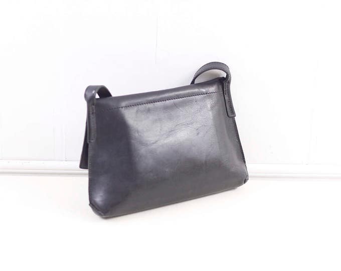 Black leather handbag by ROOTS, vintage top handle bag, ladies purse in soft black leather