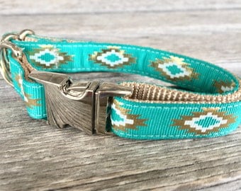 Aztec 5/8" Dog Collar, Gold and Mint Dog Collar, Metal Buckle, Pink Aztec Dog Collar, Tribal Dog Collar, Gold Foil Dog Collar, Coral