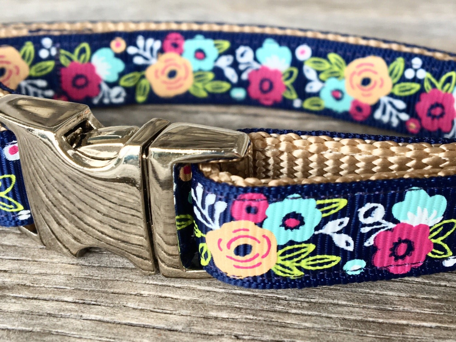 Navy Floral 5/8 Dog Collar Silver Buckle Female Dog by AJoyfulBird