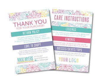 Thank You Card, Care Card, Care Instructions, Return Policy size 4x6- Approved Fonts and Colors- Digital File