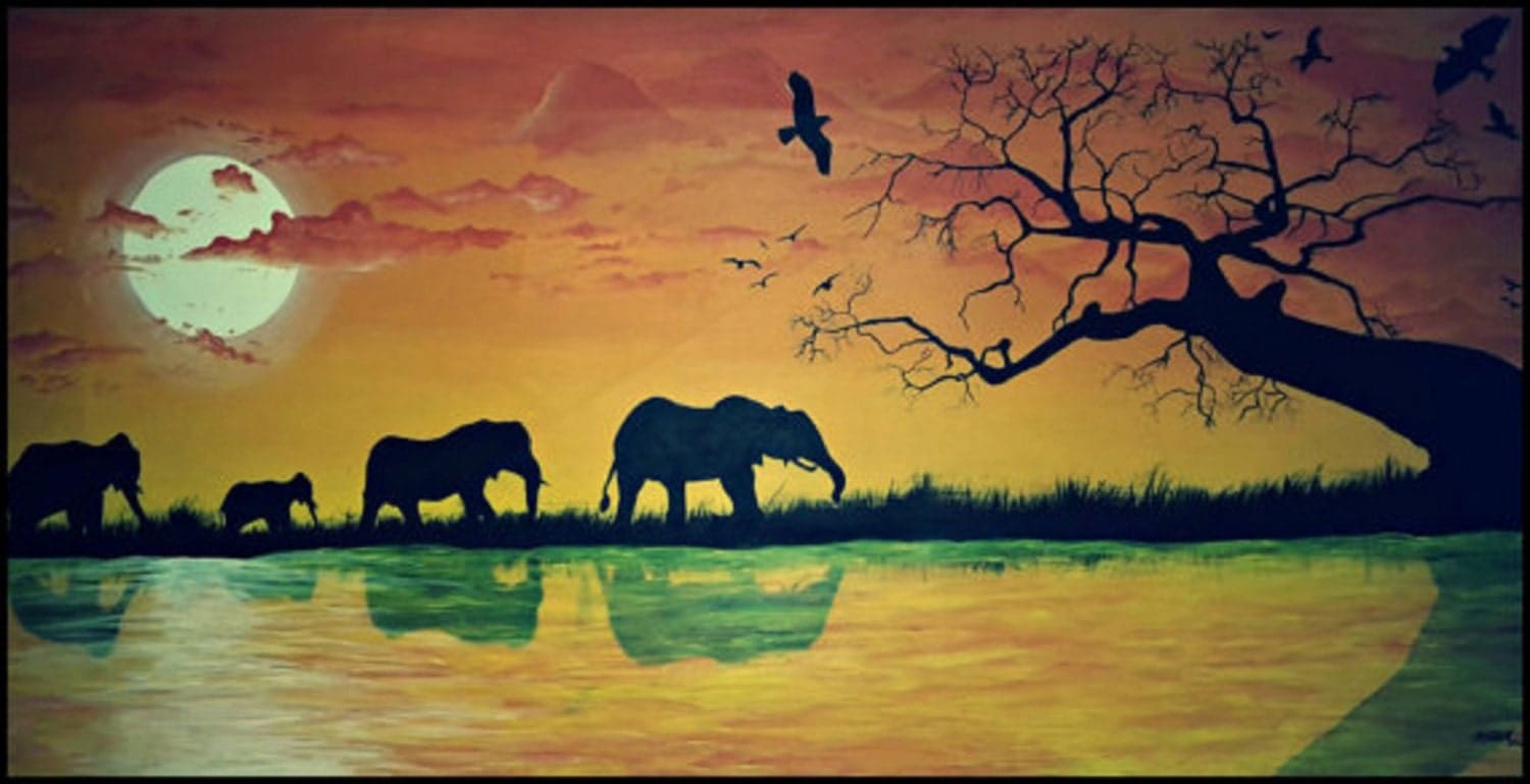 Fine Art Sunset Painting African elephants elephant home