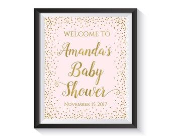 Welcome To Baby Shower Sign, Personalized Baby Shower Welcome Sign, Pink and Gold confetti Girl Baby Shower Decor, Custom, Printable Digital
