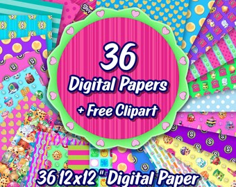 Shopkins Market - Digital Paper - 36 jpeg files 12x12 inches 300 dpi + Free Clipart
