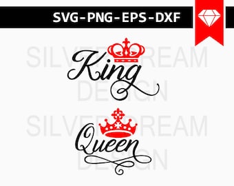 king and queen svg, king queen shirts, svg files, couples cuttable, coffee mug, iron on decals, crown and tiara clipart, instant download