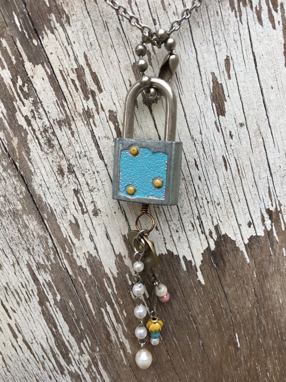 Small Padlock Necklace /w Key & Painted Charms Filigree and
