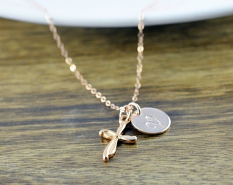 Rose Gold Cross Necklace -Personalized Initial Necklace, Personalized Hand Stamped Necklace, Rose Gold Jewelry, Cross Necklace, Gift for Her