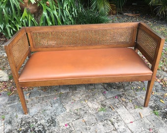 Vintage Linear Wood and Cane Bench