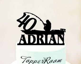 Fisherman cake topper,Birthday Fisherman cake topper,topper with Fisherman silhouett and fish,40 cake topper,40 Birthday topper (1100)