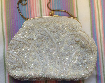 Vintage Hong Kong Cream Sequin Beaded Evening Clutch