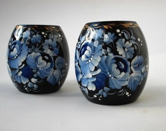 Blue white candle holder set wood tea light holder hostess gift blue peonies rustic painted flowers winter candlestick centerpiece boho