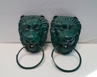 Vintage Green Painted Cast Iron Lion Head Door Knocker, Two Available