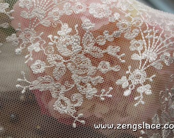 Ivory mesh lace trim with floral embroidery, bridal lace, French lingerie lace, floral lace fabric, couture trim, lace by the yard. ee-12-01