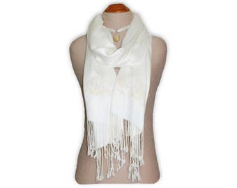 Ivory Pashmina Scarf Wrap, Embroidered Pashmina Shawl, Ivory Pashmina Wrap, Gift for her, Spring Shawl, Birthday Gift, Bridesmaid gifts
