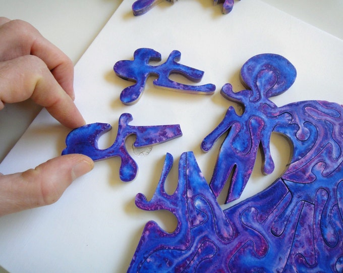 Puzzle Art: Guardian Angel; Purple Blue, Healing Art, Smart Toy, Montessori, Wooden Handmade, Ready To Hang, Acrylic On Pieces by Samo Svete