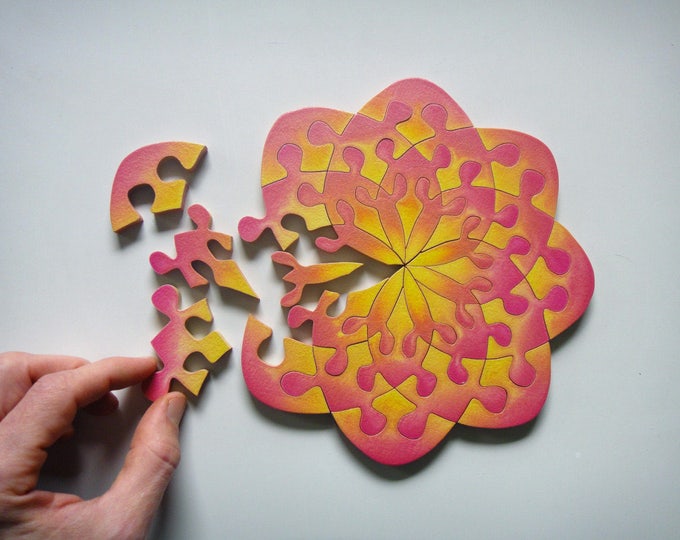 Wooden Puzzle Art: Mandala Flower Sun Shine, Ready To Hang, Sacred Geometry Adult Play Family Gift Handmade, Acrylic On Pieces by Samo Svete